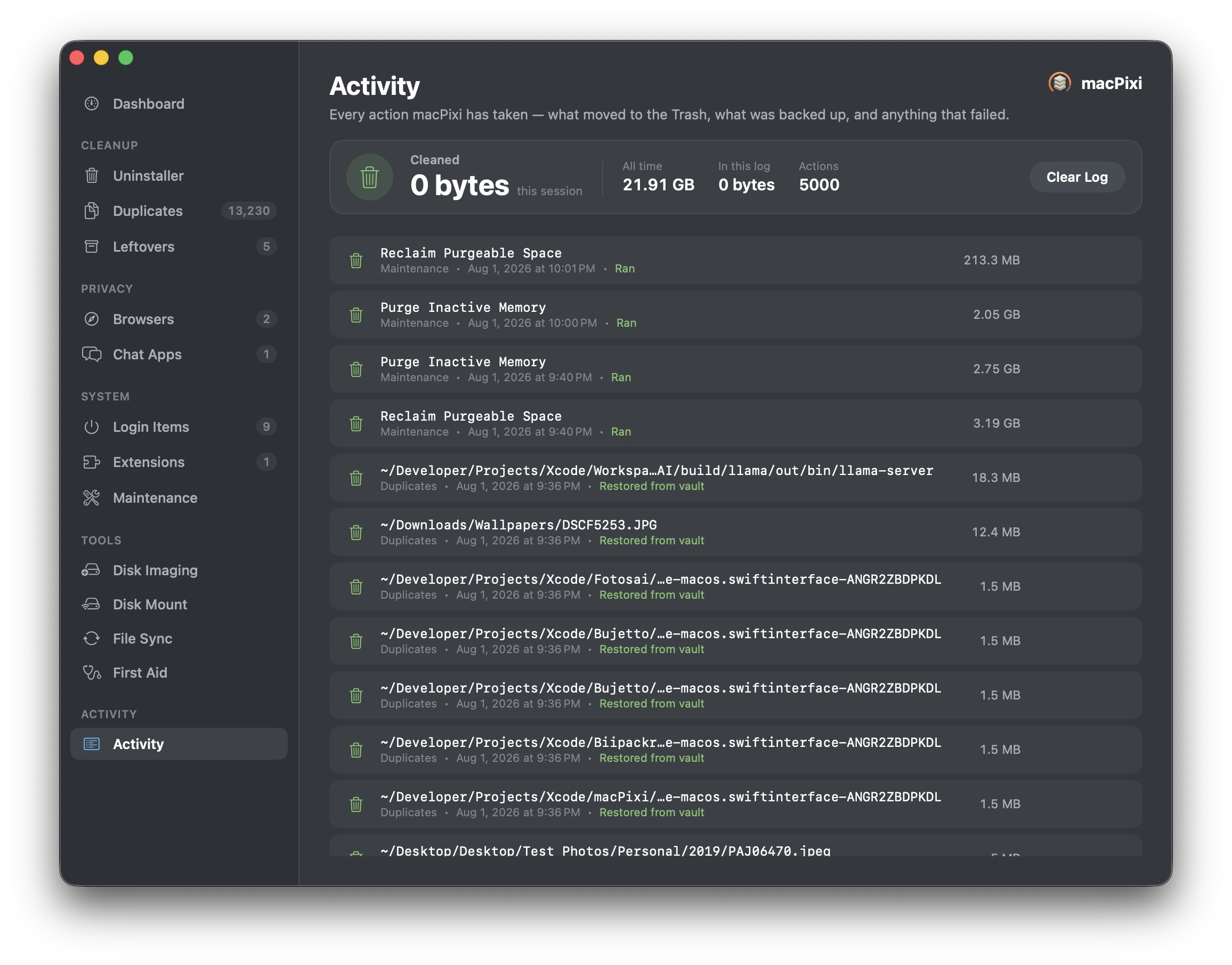 macPixi activity log of every action taken