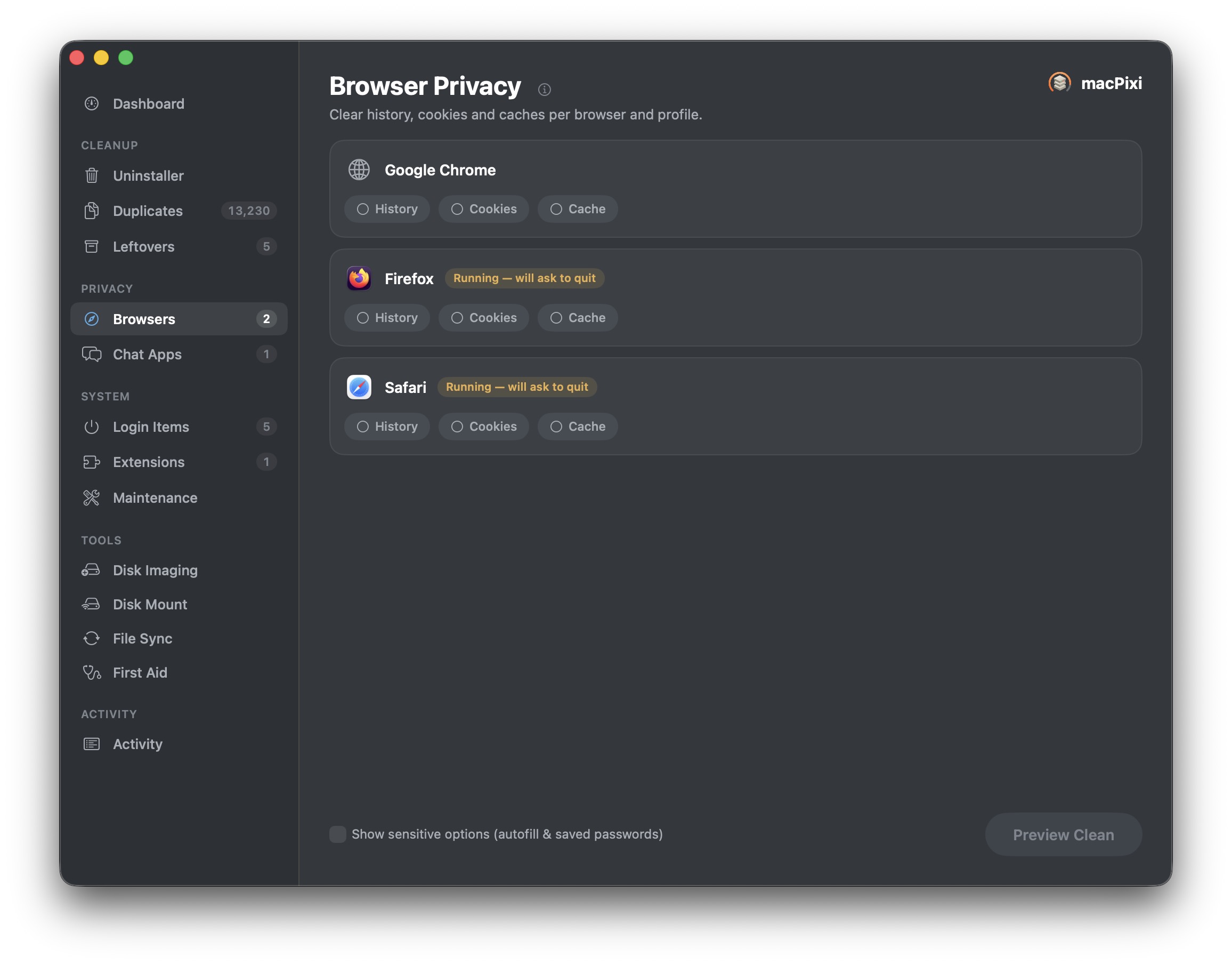 macPixi browser privacy screen