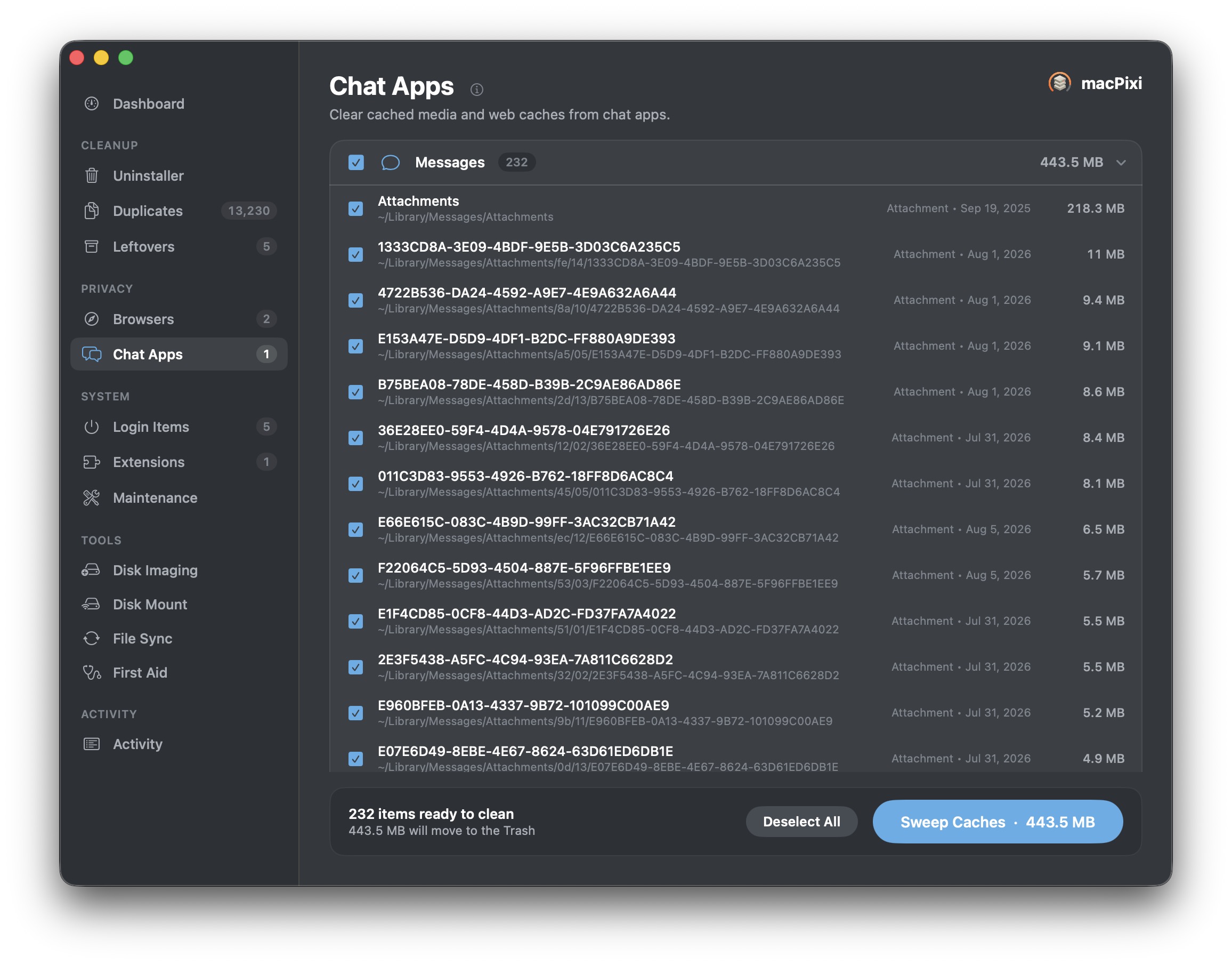 macPixi chat app cache cleanup