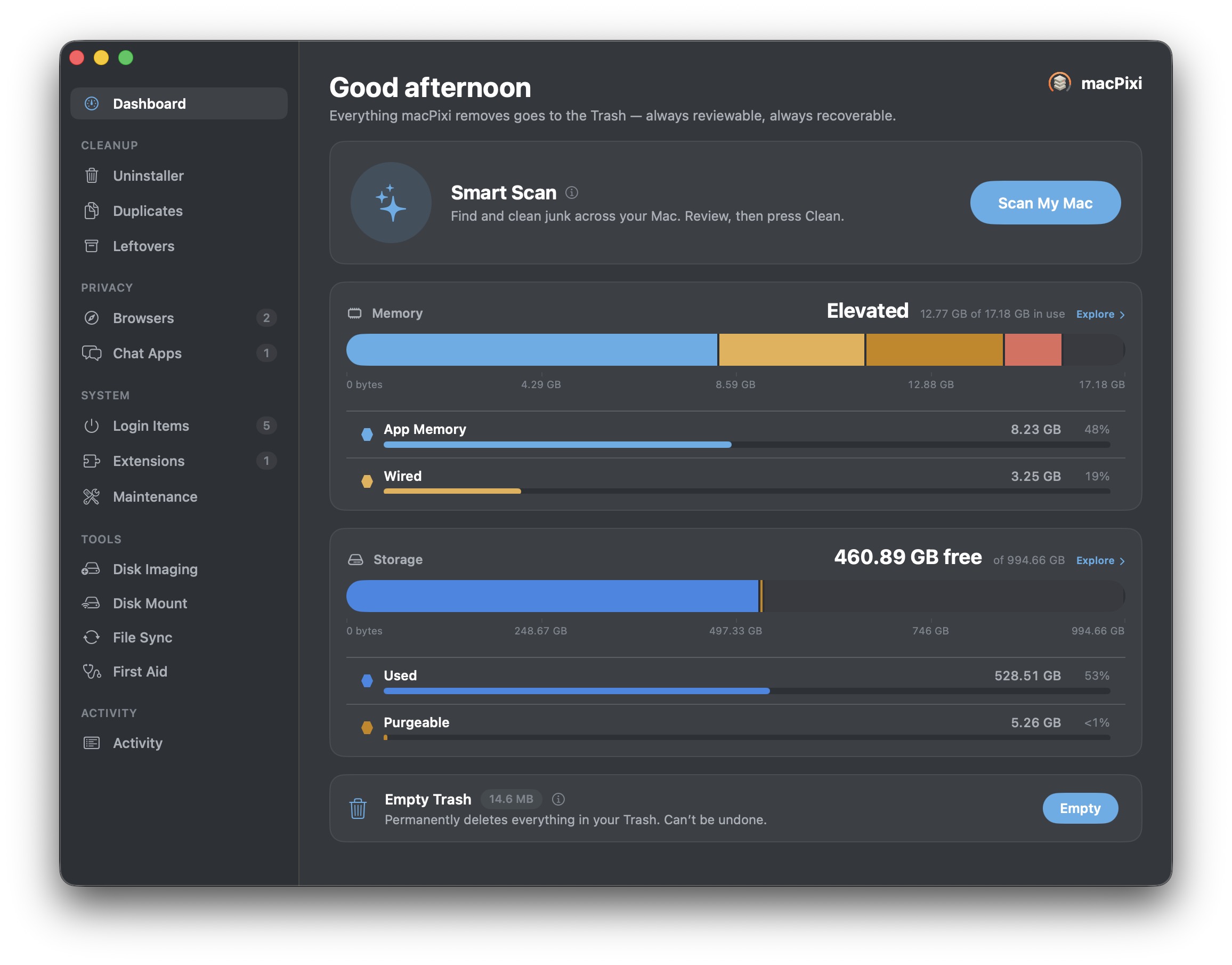 macPixi dashboard drawn with proportional bars instead of hexagons