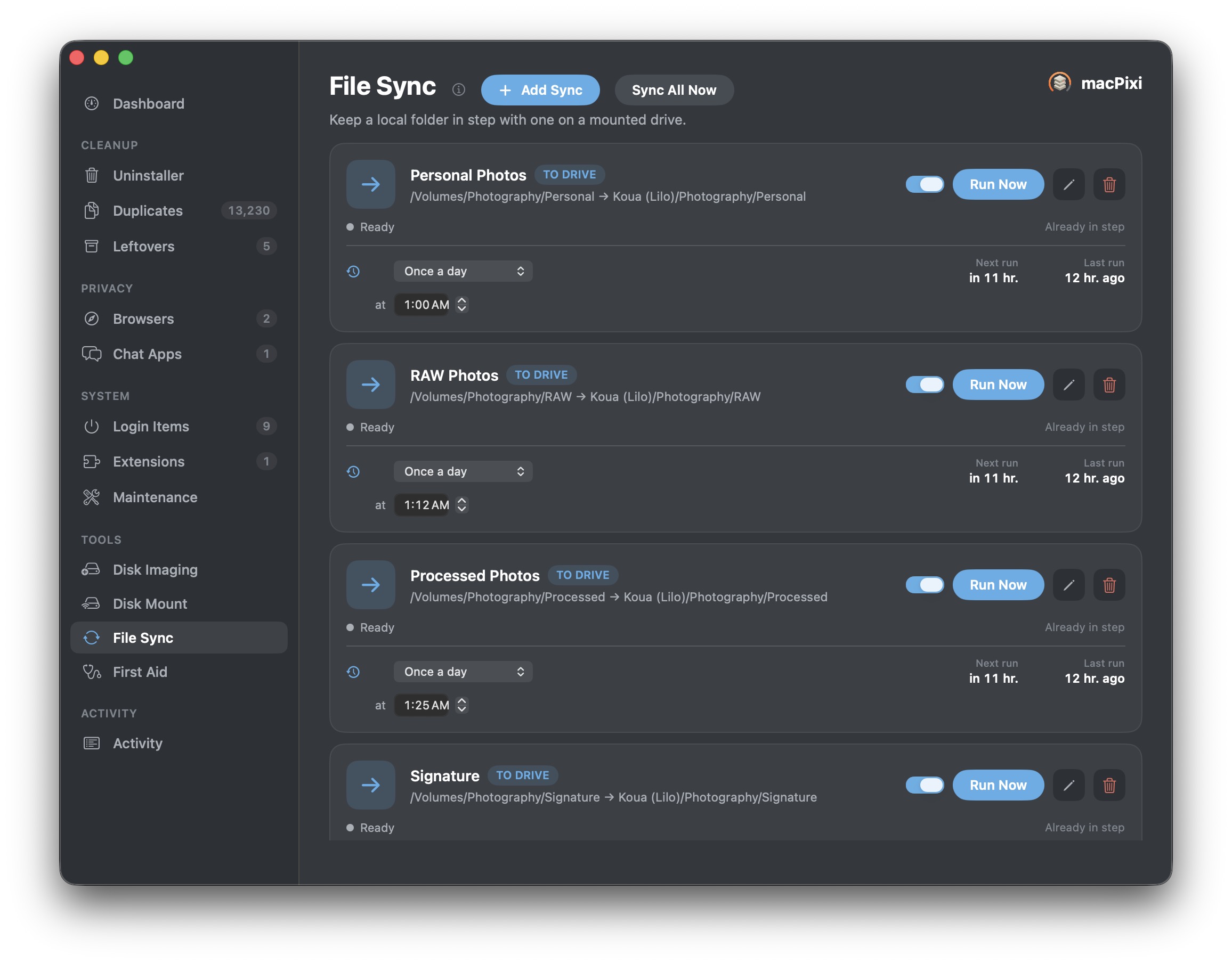 macPixi scheduled folder sync