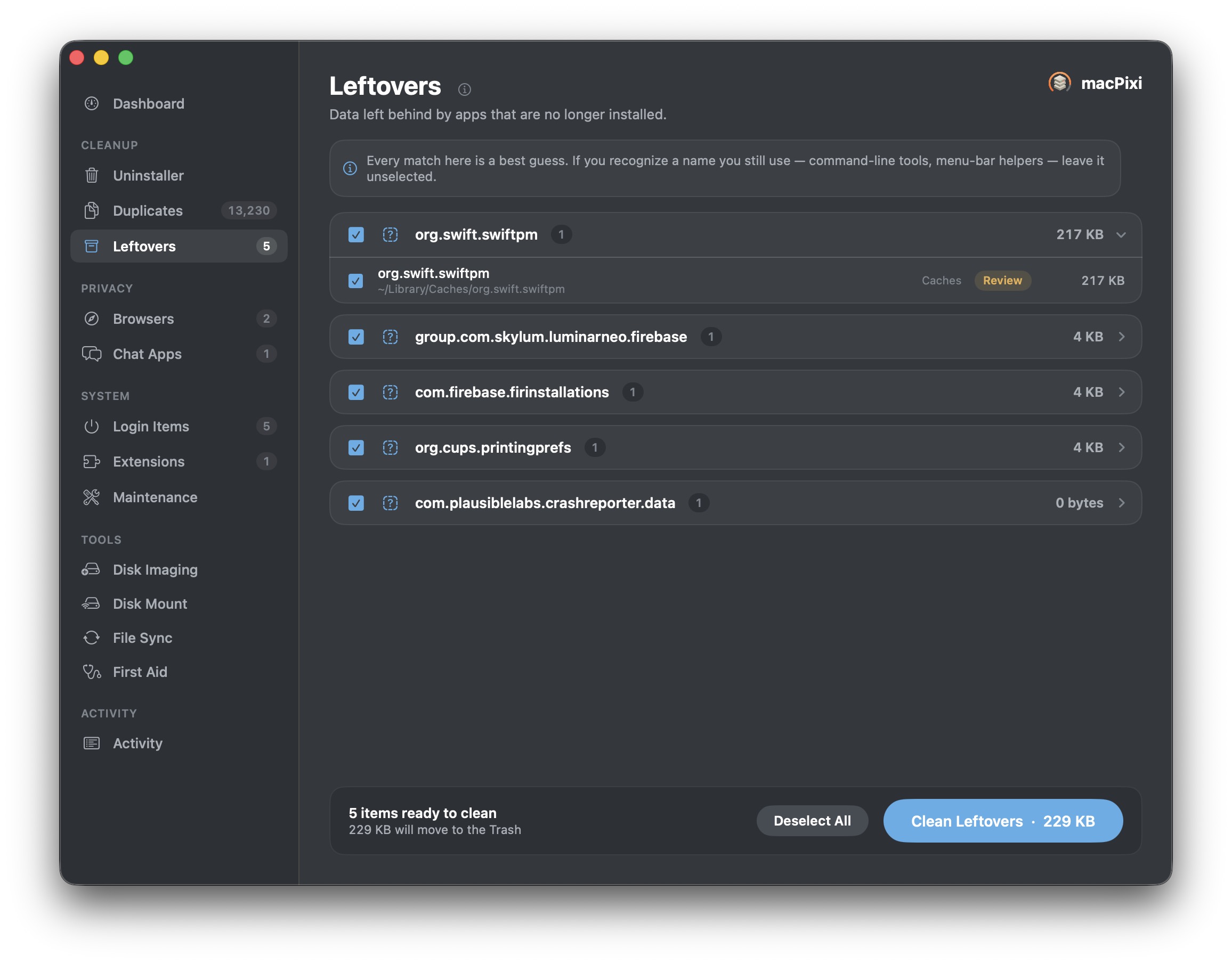 macPixi leftovers from uninstalled apps