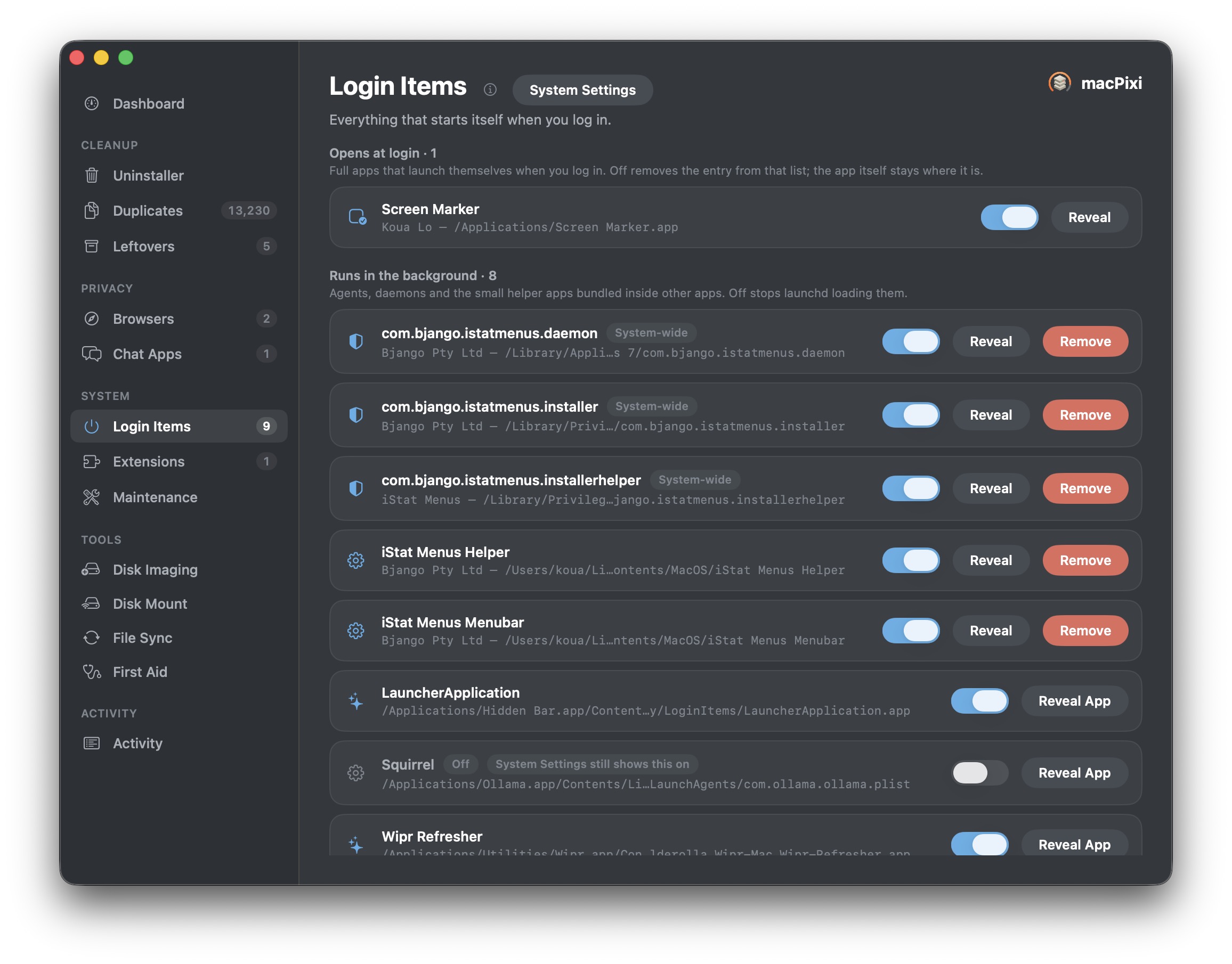 macPixi login items, separating apps from background agents