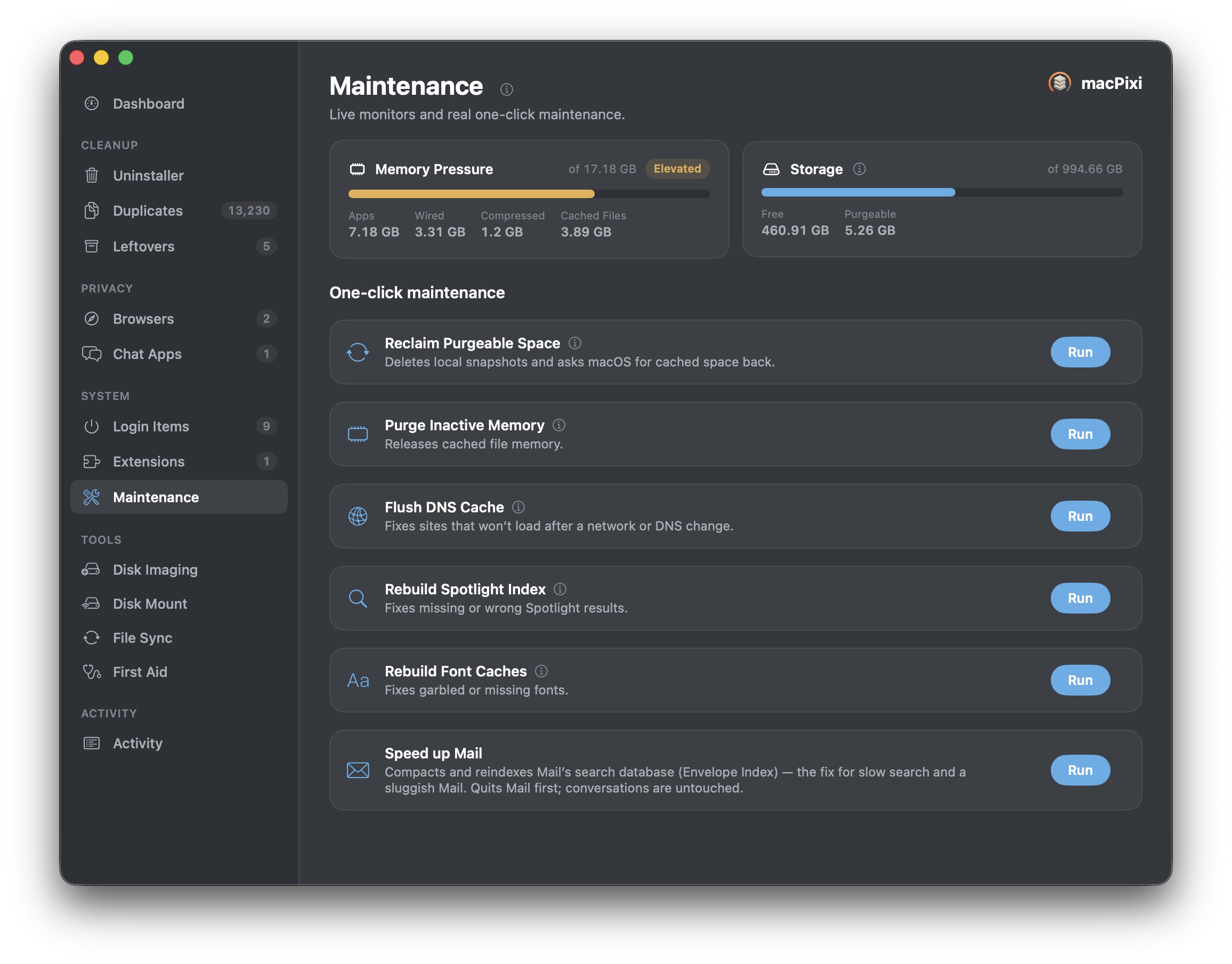 macPixi one-click maintenance tasks