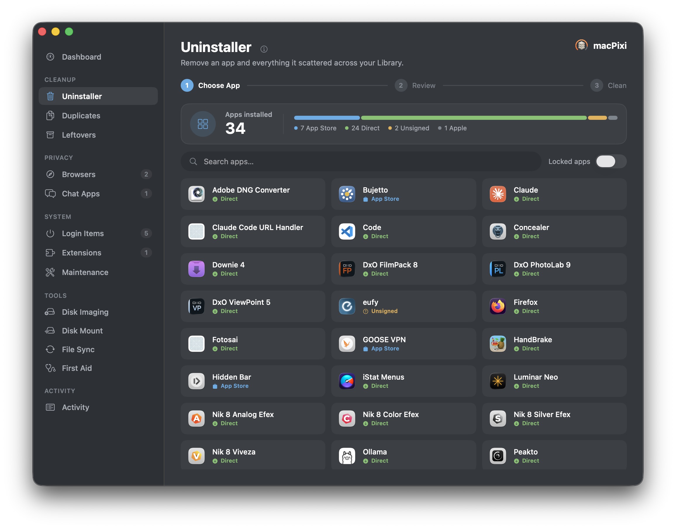 macPixi uninstaller listing installed apps and their signing origin